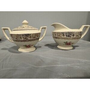 Vintage Creamer and Sugar Bowl Set w Lid Floral Gold Scroll Creamware